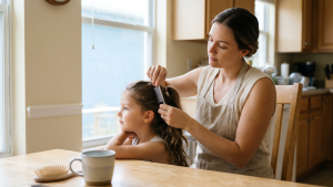 Calm mother parting her young daughter's long brown hair with a metal nit comb to check the scalp at the nape of the neck in a sunlit Broward County kitchen.