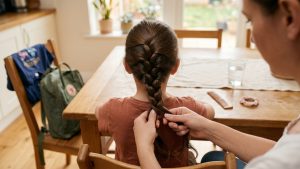 Calm parent French-braiding a young child's long brown hair at a sunlit kitchen table with a small backpack and folded shirt visible nearby, suggesting prep before school or summer camp.