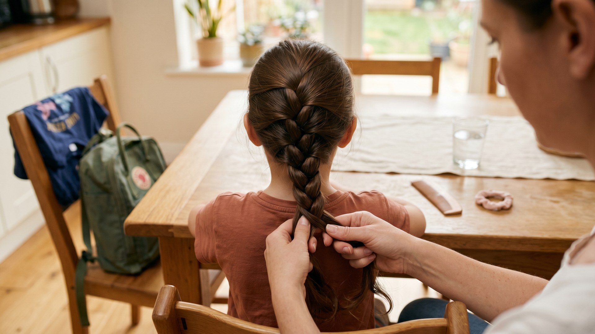 Calm parent French-braiding a young child's long brown hair at a sunlit kitchen table with a small backpack and folded shirt visible nearby, suggesting prep before school or summer camp.