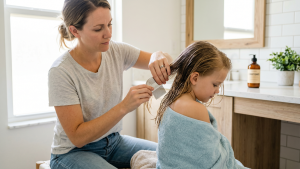 Parent gently parting a child's freshly washed wet hair and using a fine-tooth metal nit comb in a bright bathroom.