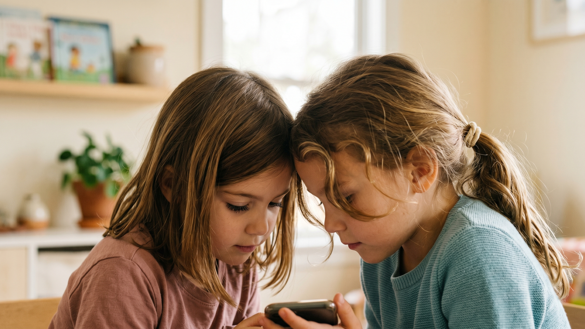 Two children sitting cheek-to-cheek looking at a phone, hair just barely touching - the head-to-head contact moment that spreads lice