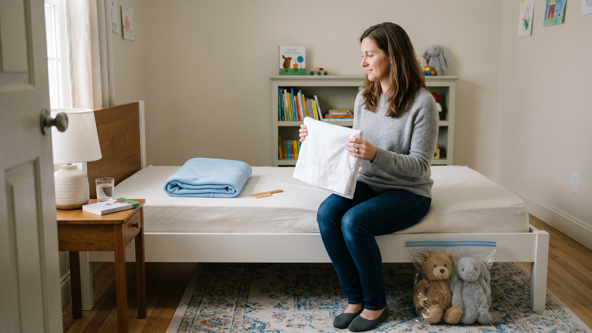 Parent stripping a child's bed in a calm bedroom with stuffed animals sealed in a clear bag and a fine tooth comb on the bare mattress