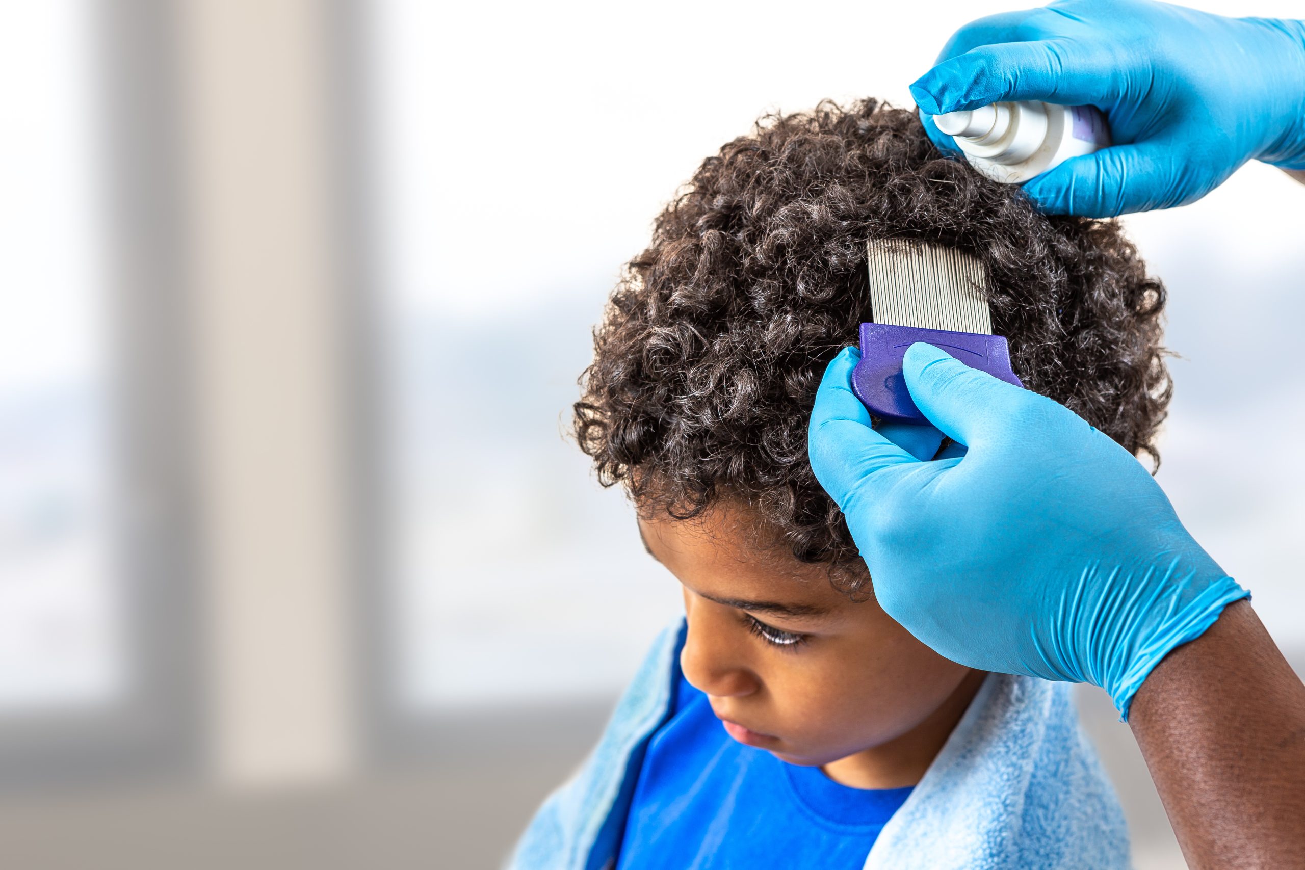 Mother checking childs head for lice with a comb.