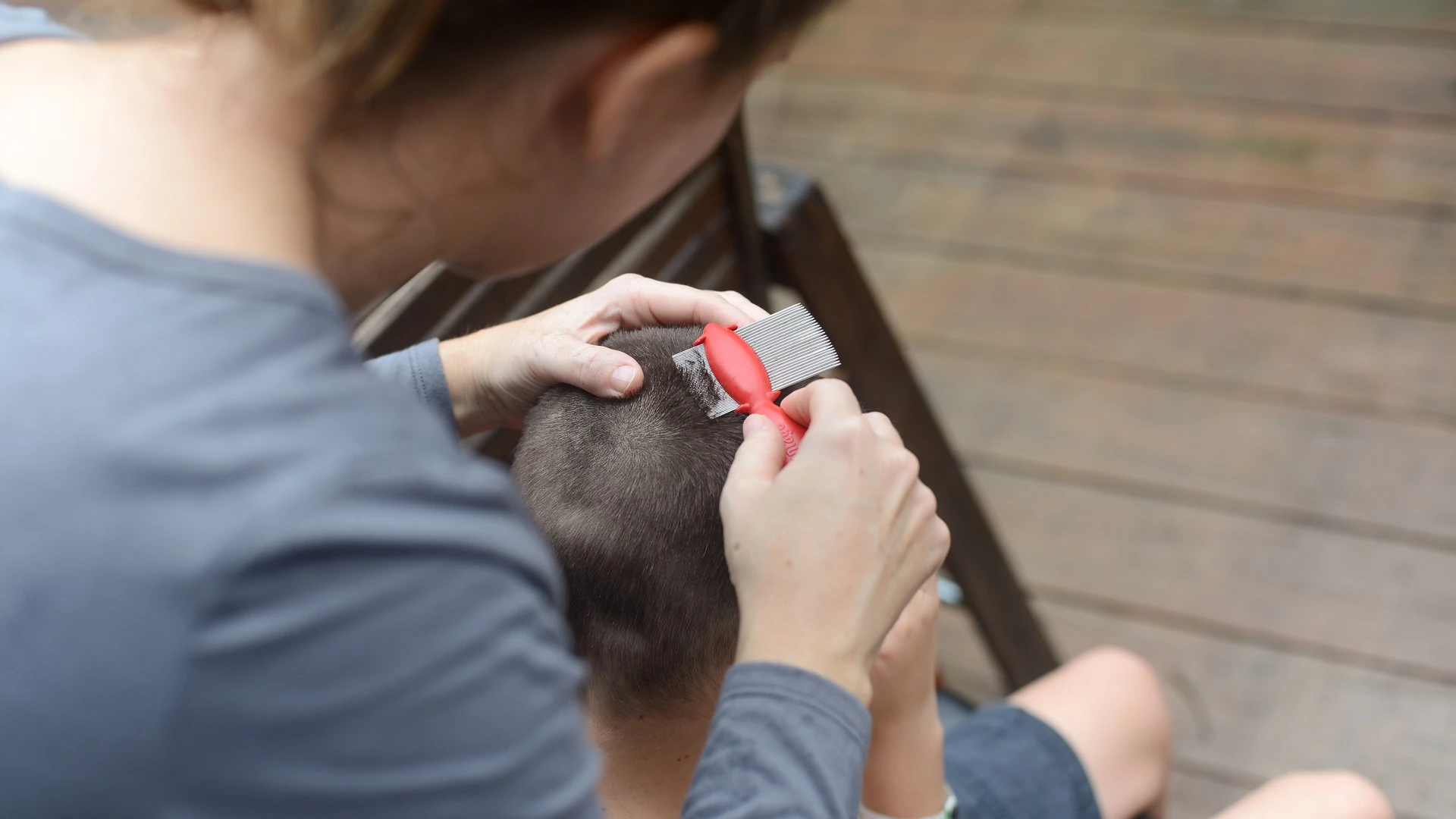 Hands using a red-handled fine-toothed comb on short hair beside a wooden bench