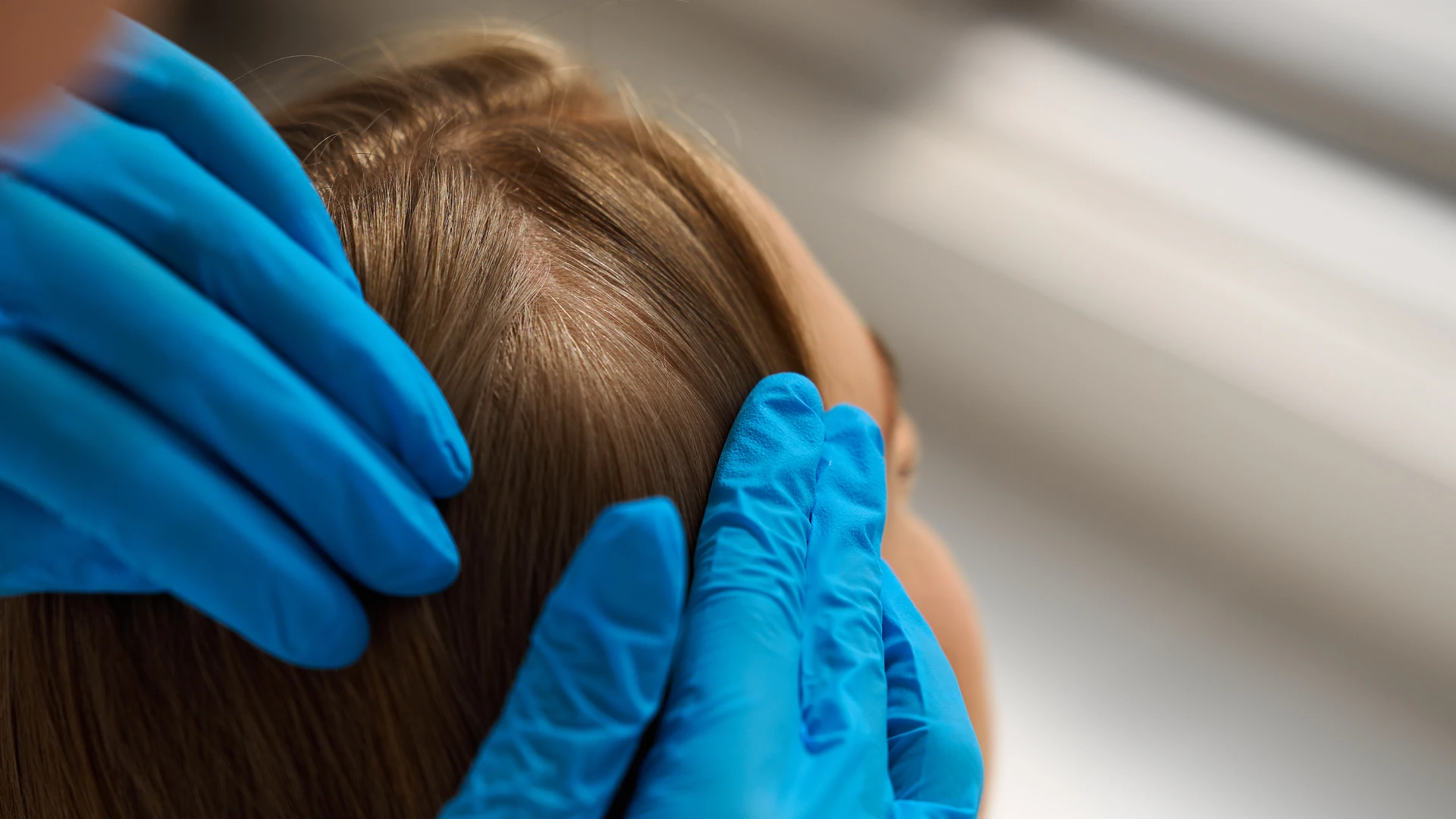 Gloved hands parting light brown hair to inspect the scalp during a head check